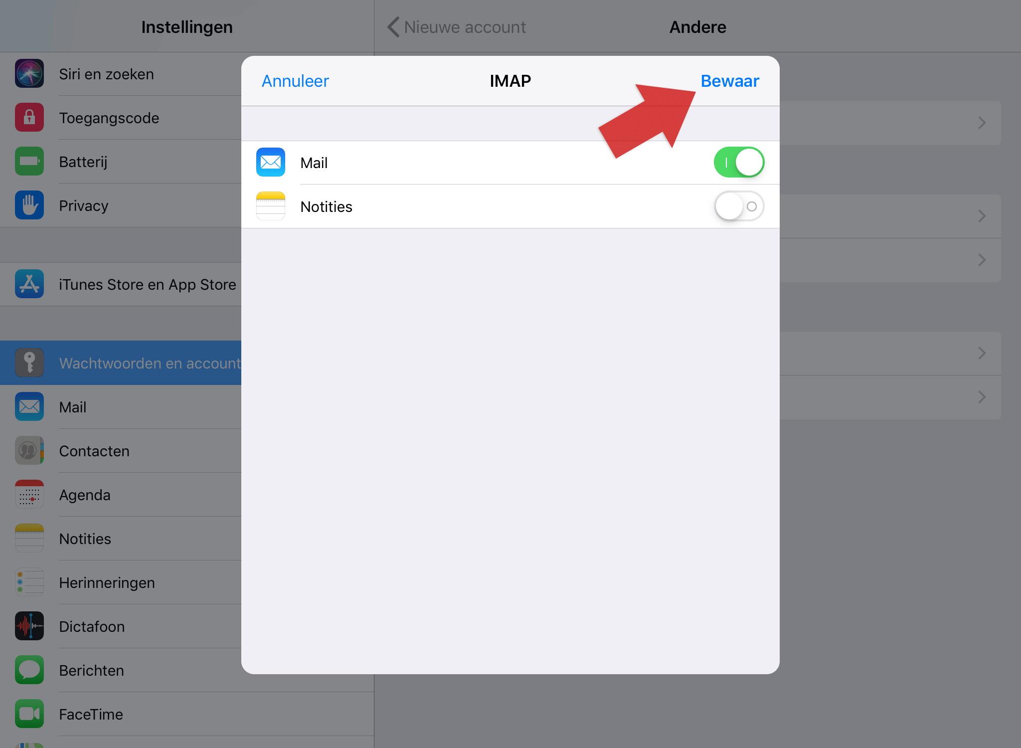 Klik op 'Bewaar' om het instellen van het e-mailaccount op je iPad af te ronden.