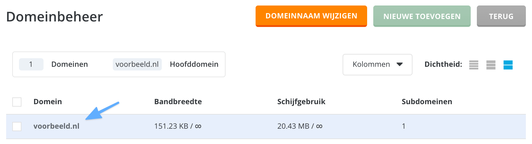 Klik op de domeinnaam die je standaard over HTTPS wilt laten lopen.