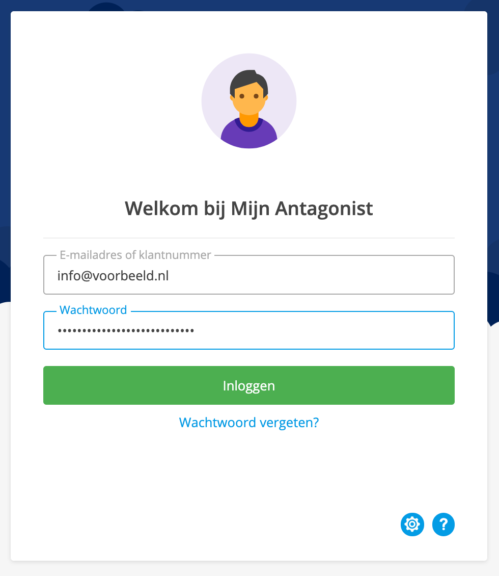 Vul je gebruikersnaam en wachtwoord van Mijn Antagonist in en klik op 'Inloggen'.