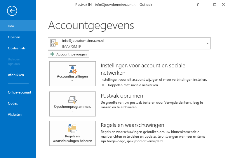 Het toevoegen van een nieuw e-mailaccount in Outlook 2013.
