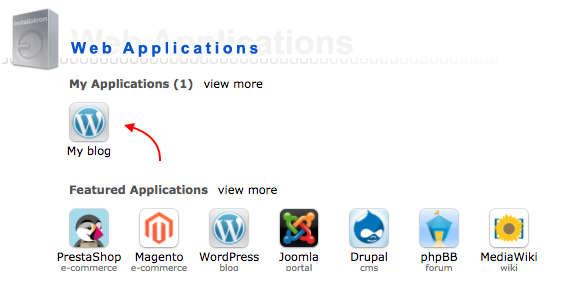 Klik onder 'My Applications' op de applicatie die je wilt gaan kopiëren, in dit geval de applicatie 'My blog'.