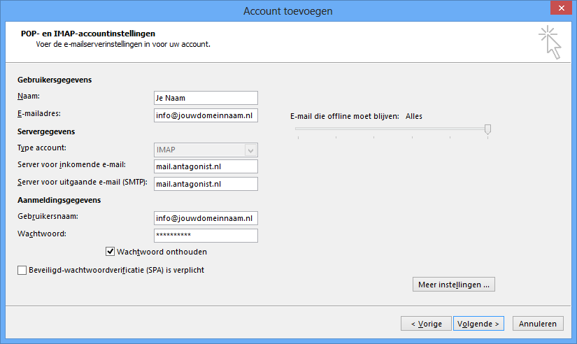 Een overzicht van de instellingen voor je e-mailaccount in Outlook 2013.