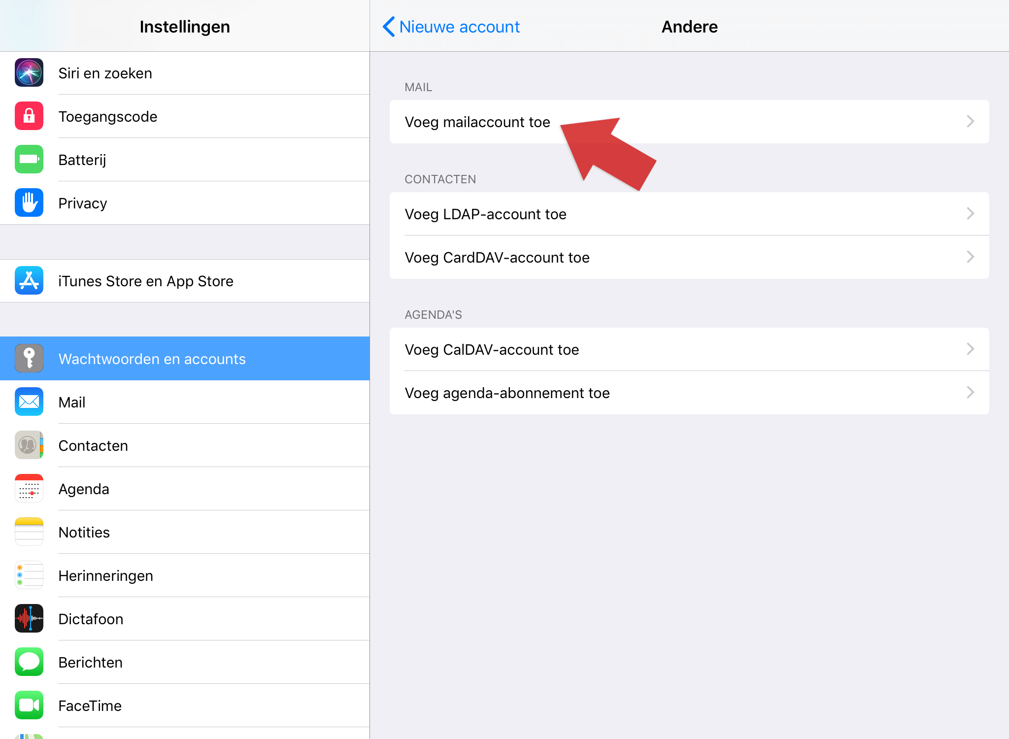 Tik vervolgens op **'Voeg mailaccount toe'**.