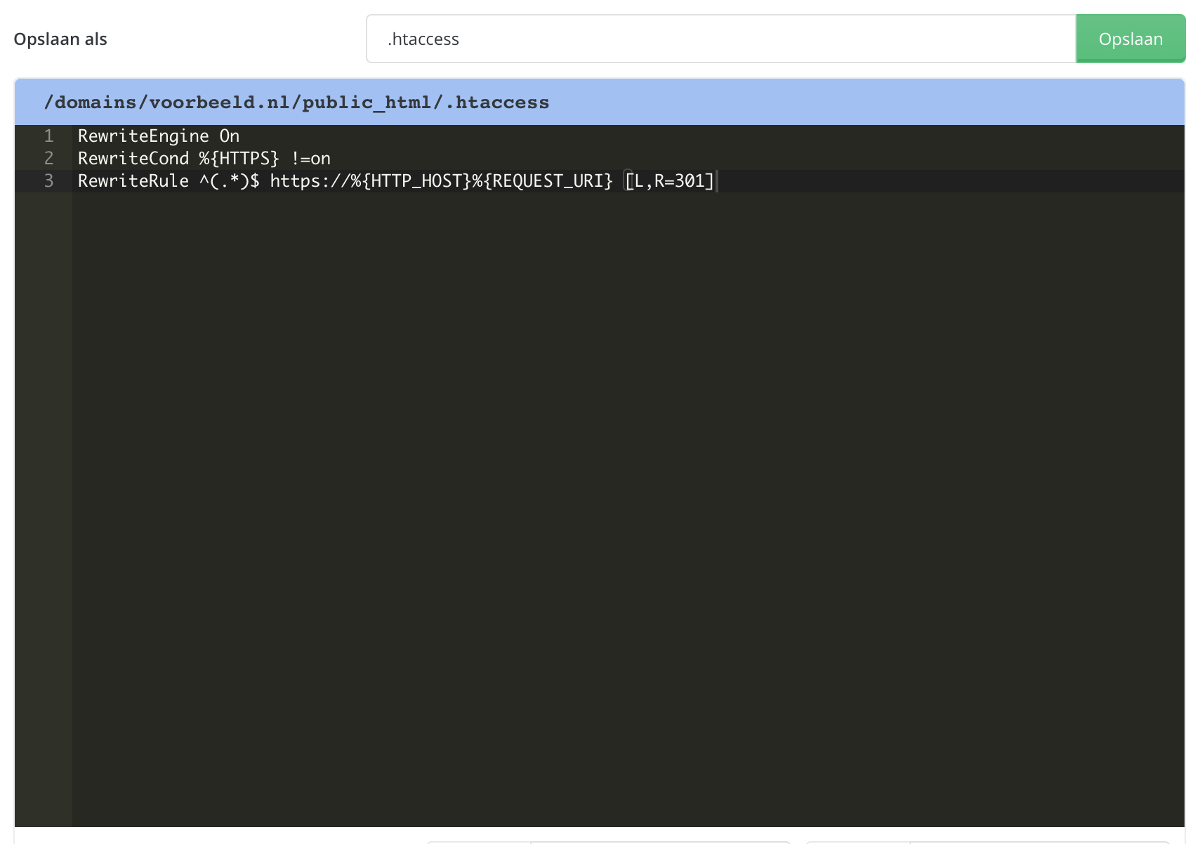 De rewrite rule is bovenaan in het .htaccess-bestand geplaatst.