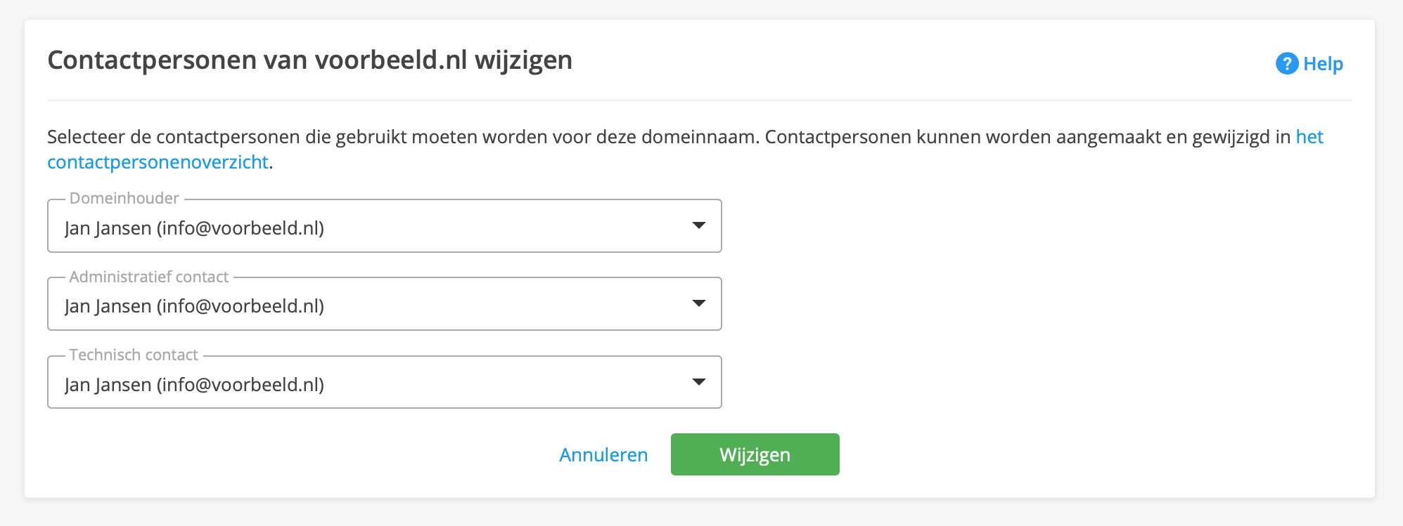 Selecteer de contactpersonen die je in wilt stellen voor de domeinnaam en klik op 'Wijzigen'.