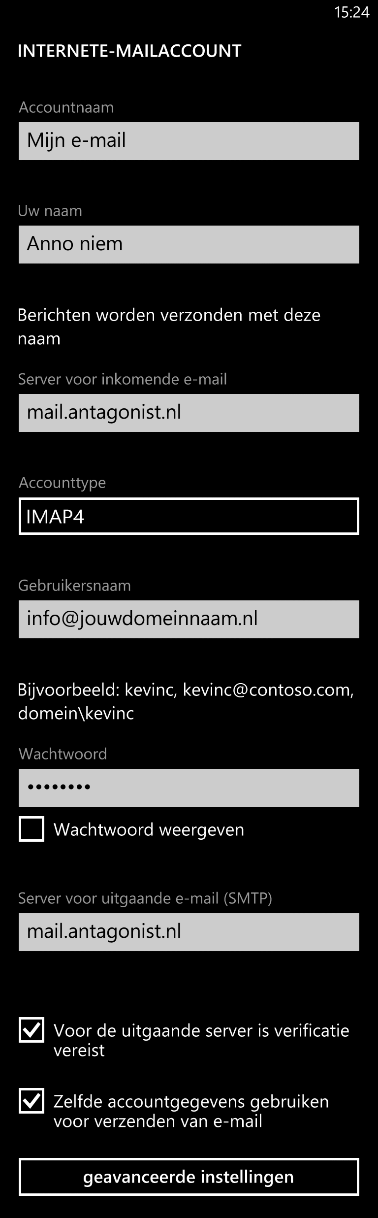 Een overzicht van de gegevens voor je e-mailaccount voor Windows Phone 8.