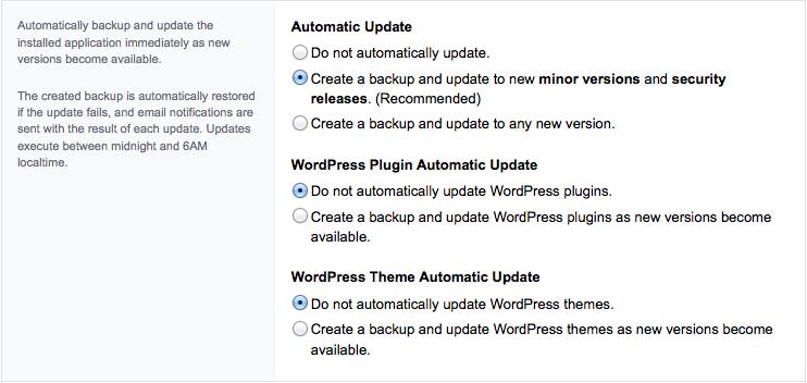 Selecteer in de tabel onder 'Automatic Update' de tweede optie 'Create a backup and update to new minor versions and security releases (recommended)'.