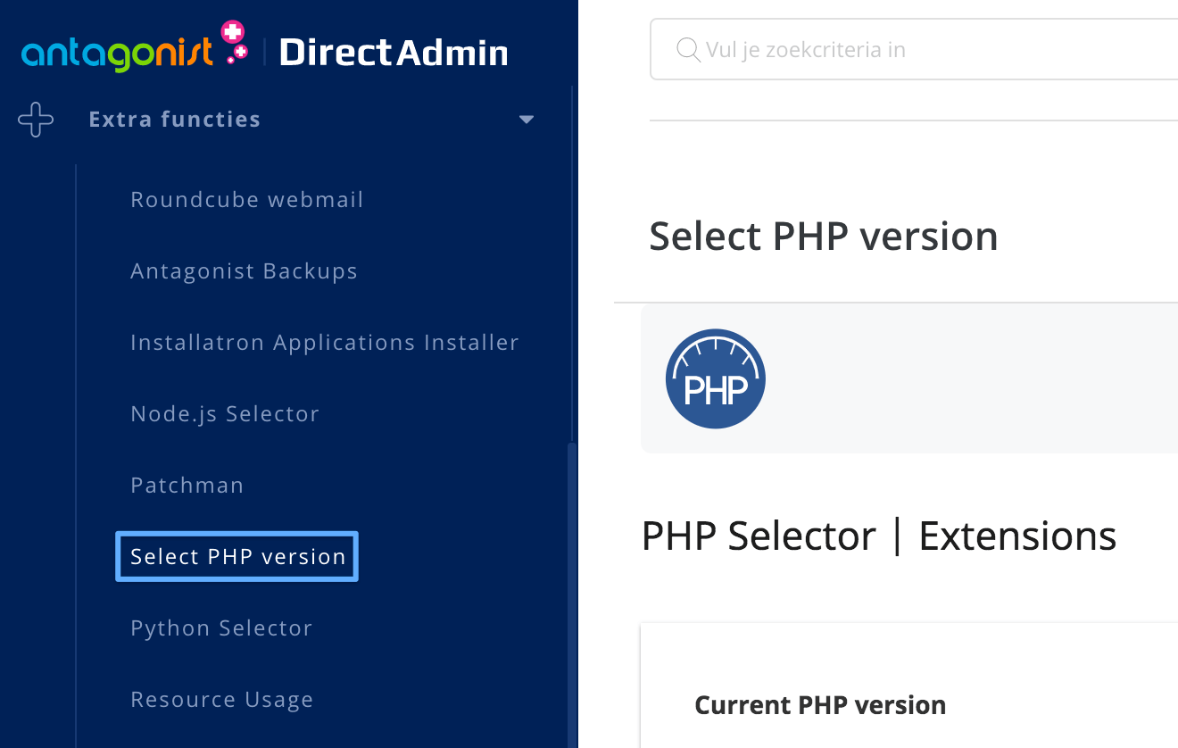 De PHP-selector in DirectAdmin.