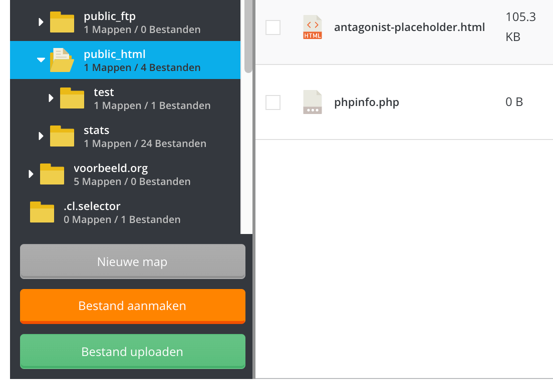 Bestandsbeheeropties in DirectAdmin.