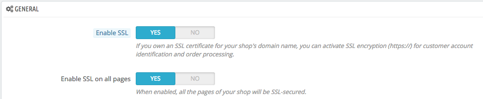 Wijzig de instelling 'Enable SSL on all pages' naar 'Yes' en klik onderaan op 'Save'.