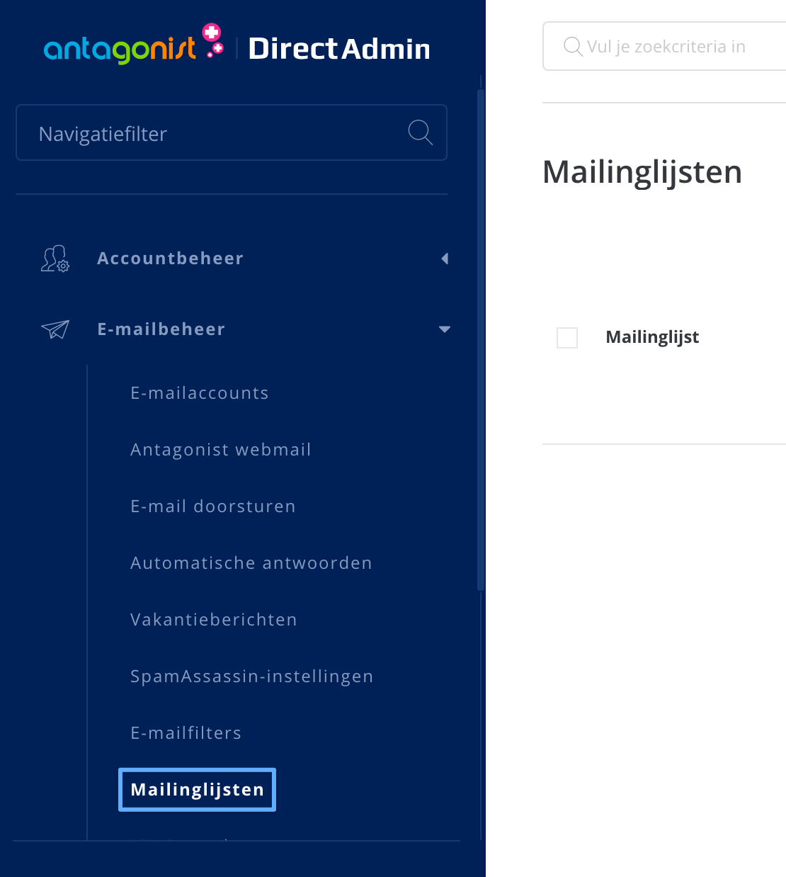 Mailinglijst beheren in DirectAdmin.