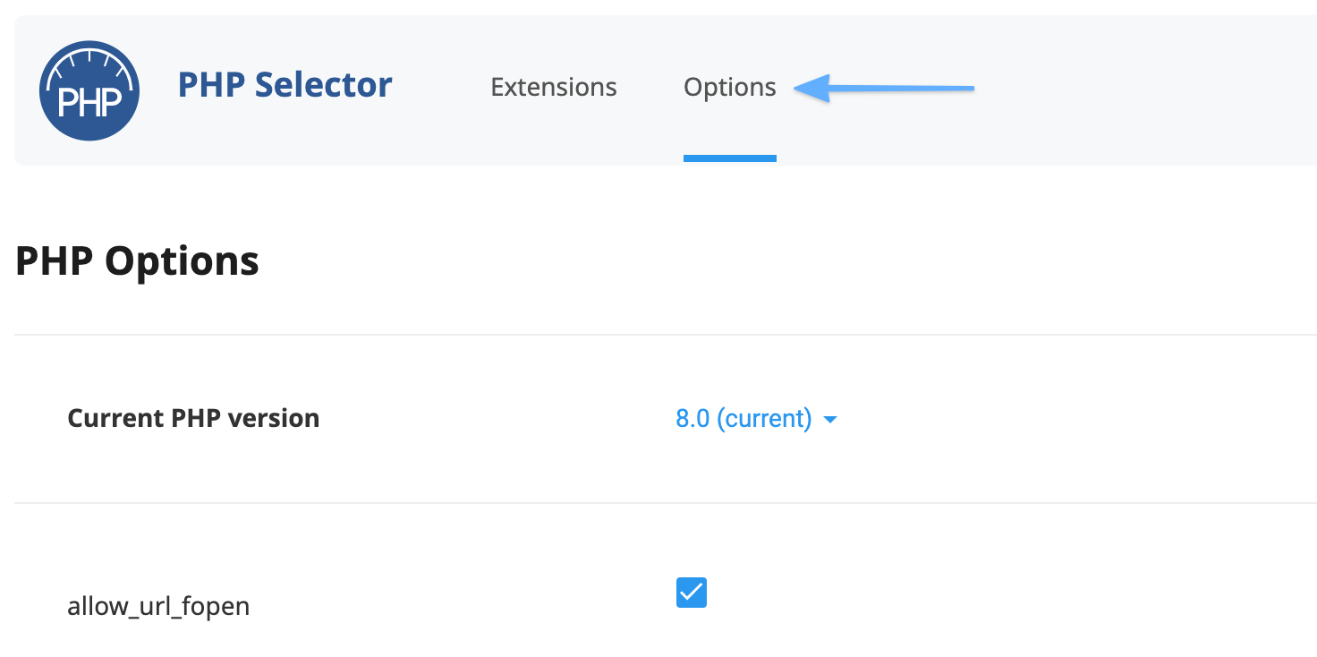Klik in de PHP-selector bovenaan op 'Options'.