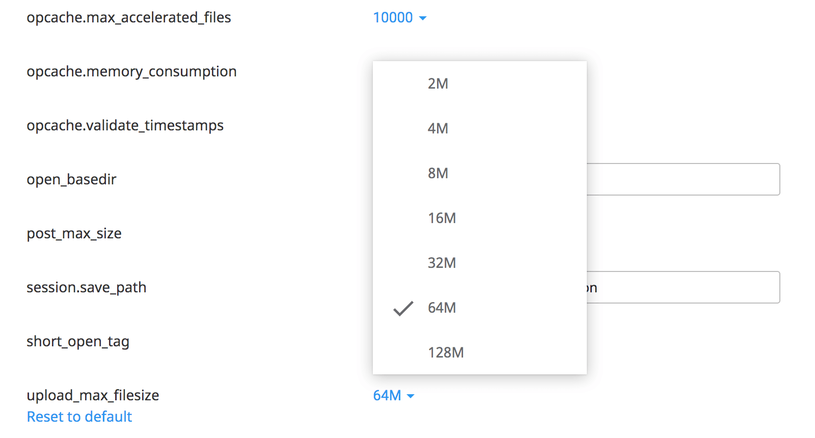 Klik op de waarde achter 'upload_max_filesize' en selecteer de gewenste limiet.