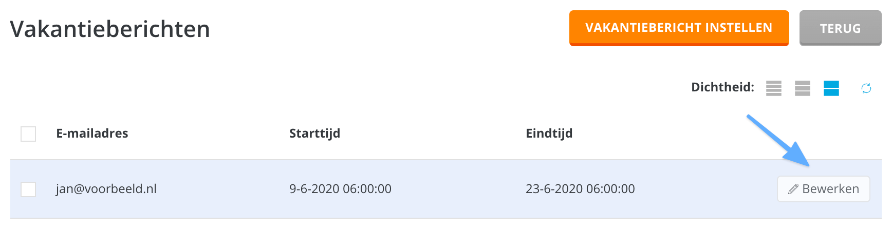 Een vakantiebericht bewerken in DirectAdmin.