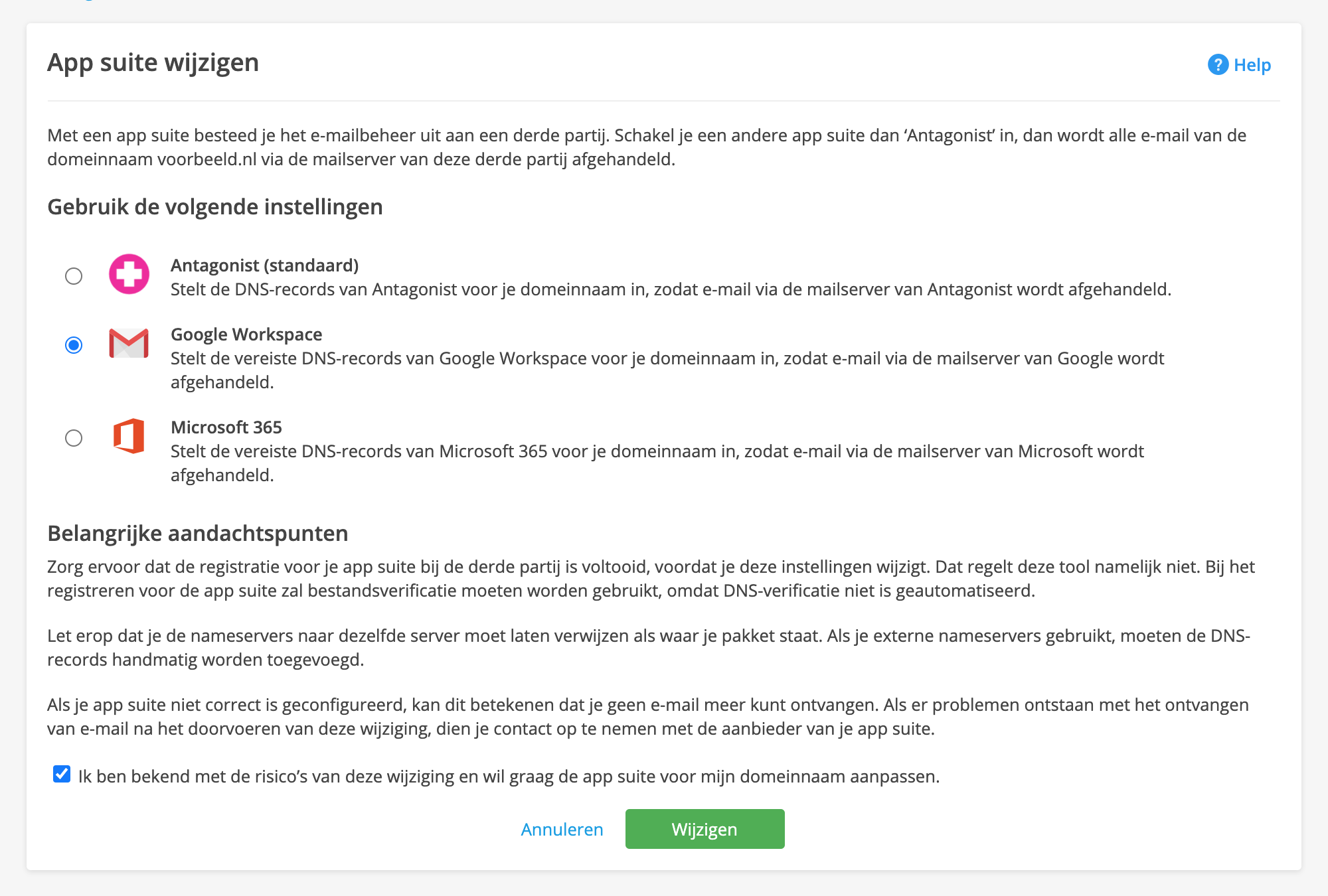 Vink de app suite 'Google Workspace' aan.