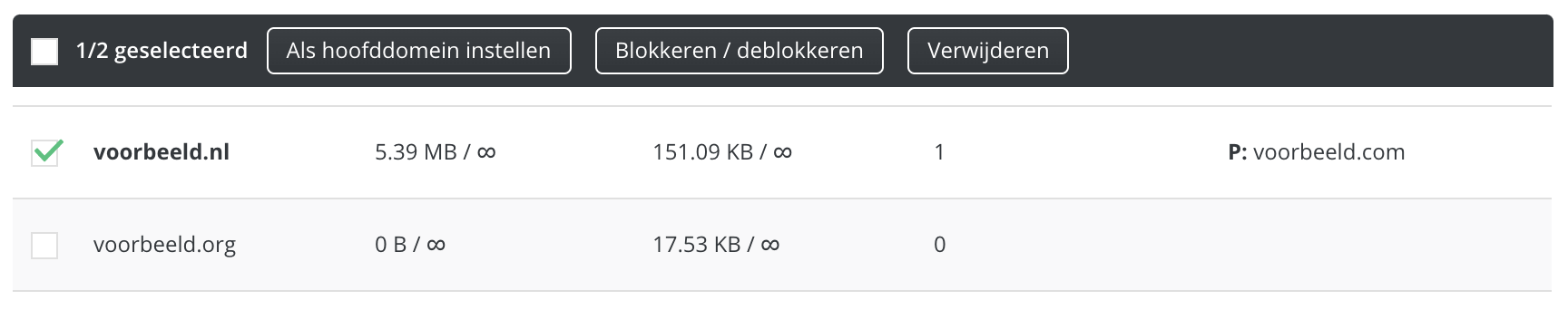 De optie 'Hoofdomein instellen' in DirectAdmin.