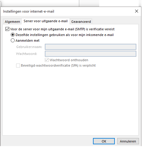 Zet een vinkje voor 'Voor de server voor uitgaande e-mail (SMTP) is verificatie vereist'.