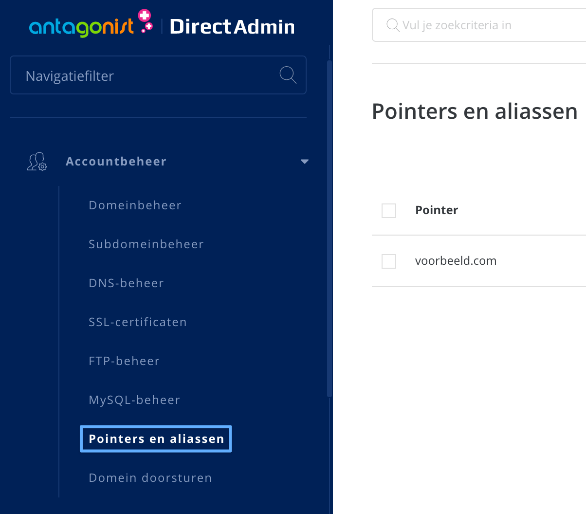 Pointers en aliassen beheren in DirectAdmin.