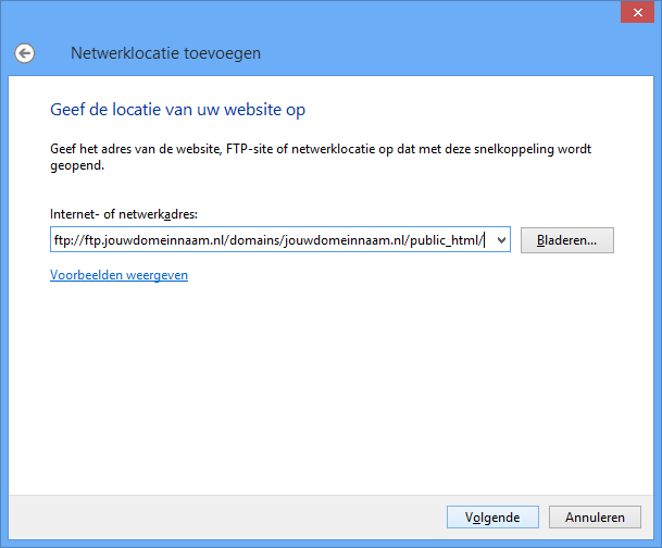 Vul onder 'Internet- of netwerkadres' ('Internet or network address') in: ftp://ftp.jouwdomeinnaam.nl/.