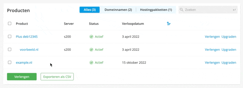 Klik op de domeinnaam waarvoor je de verhuiscode wilt opvragen.