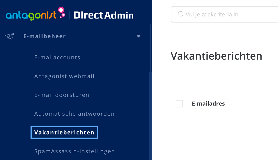 De optie 'Vakantieberichten' in DirectAdmin.