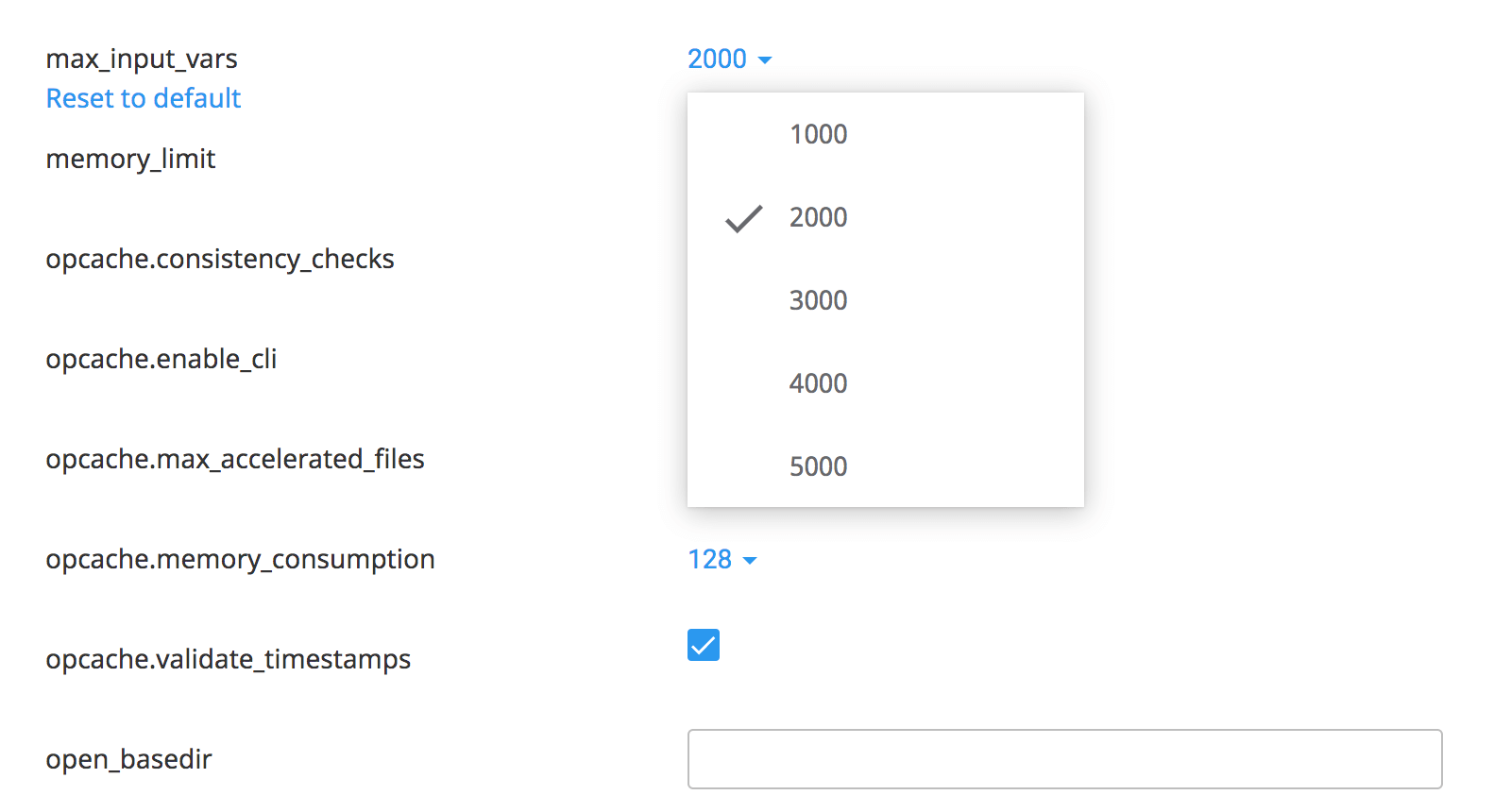Klik op de waarde achter 'max_input_vars' en selecteer de gewenste limiet.