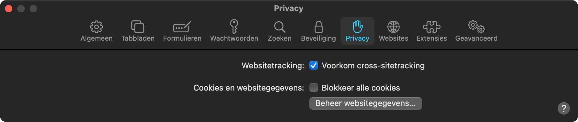 Klik op het tabje 'Privacy' en dan op 'Beheer websitegegevens'.