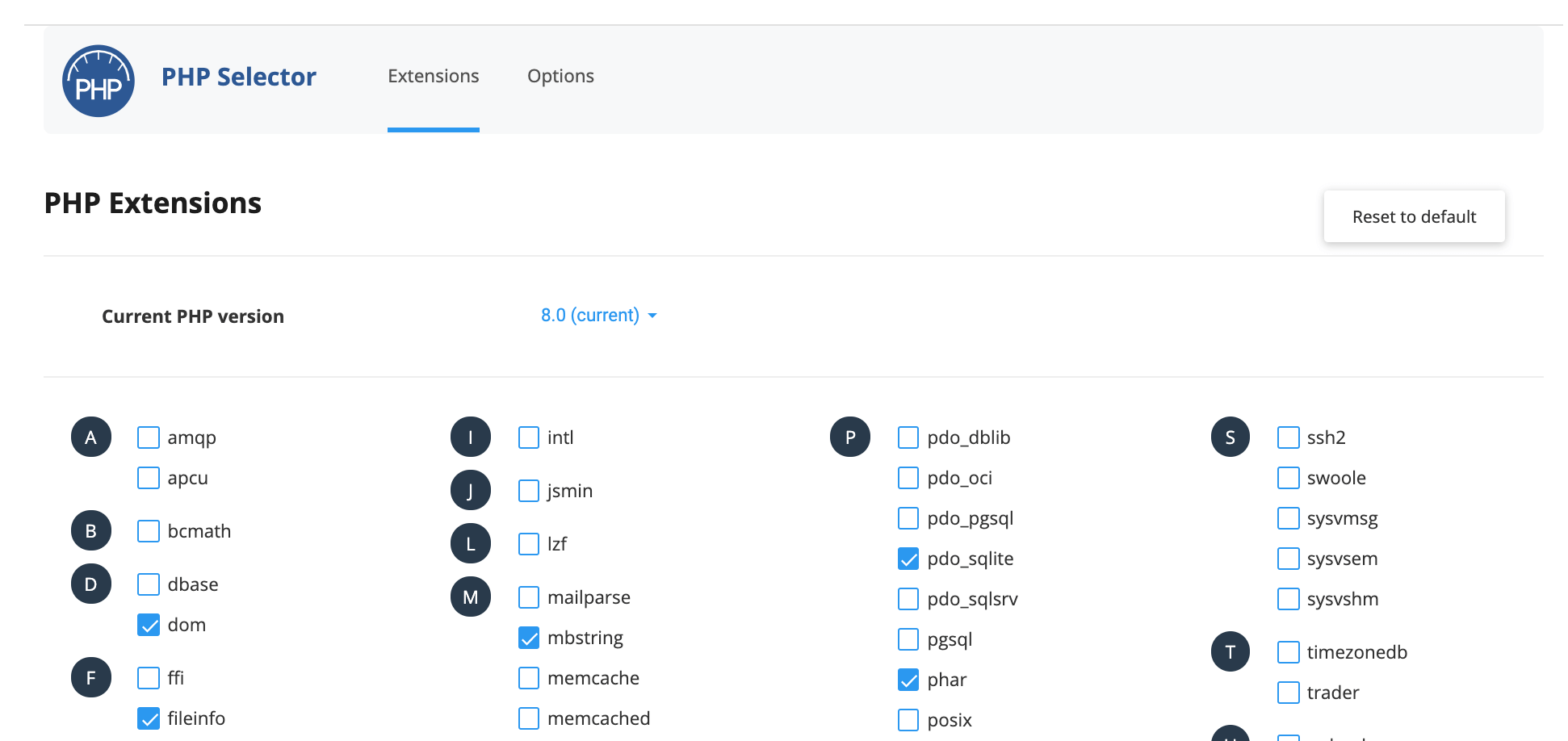Per PHP-versie moeten de modules apart geactiveerd worden.