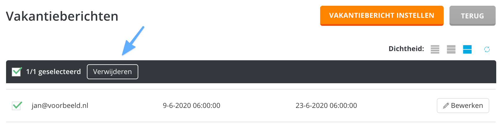 Een vakantiebericht verwijderen in DirectAdmin.