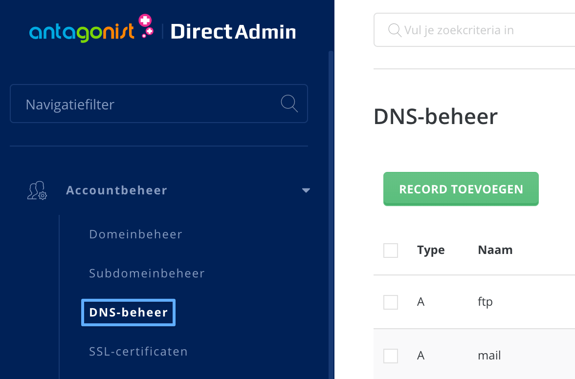 DNS-records beheren in DirectAdmin.