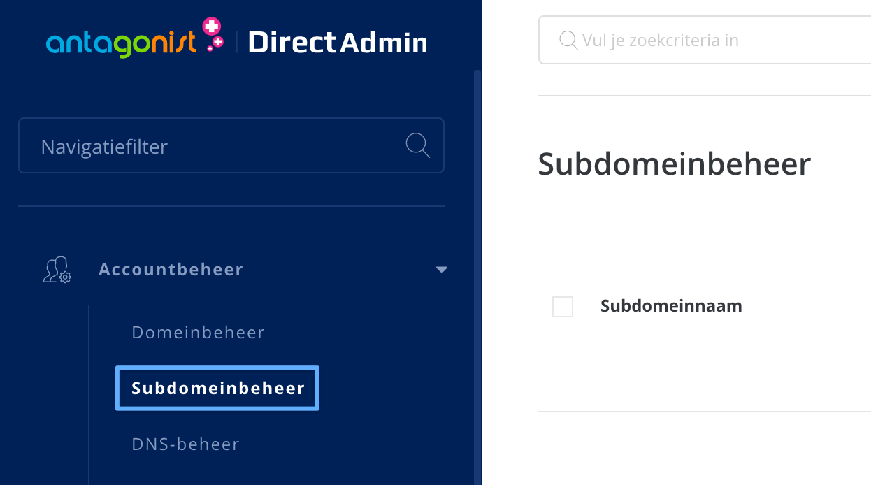 De optie 'Subdomeinbeheer' in DirectAdmin.