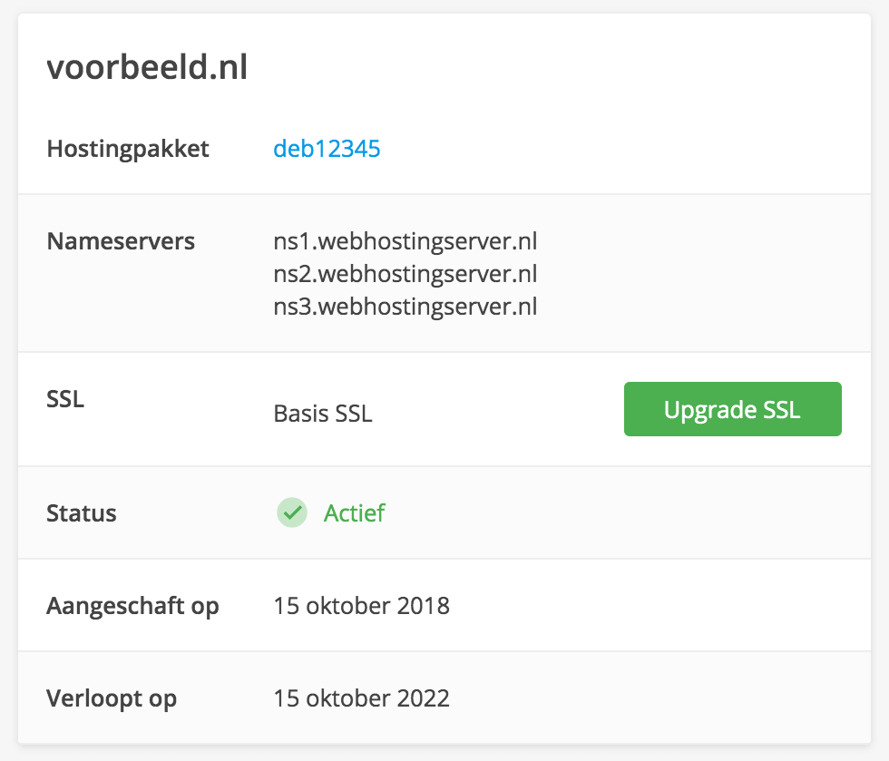 Klik in het blok links bovenin achter je domeinnaam op 'Upgrade SSL'.