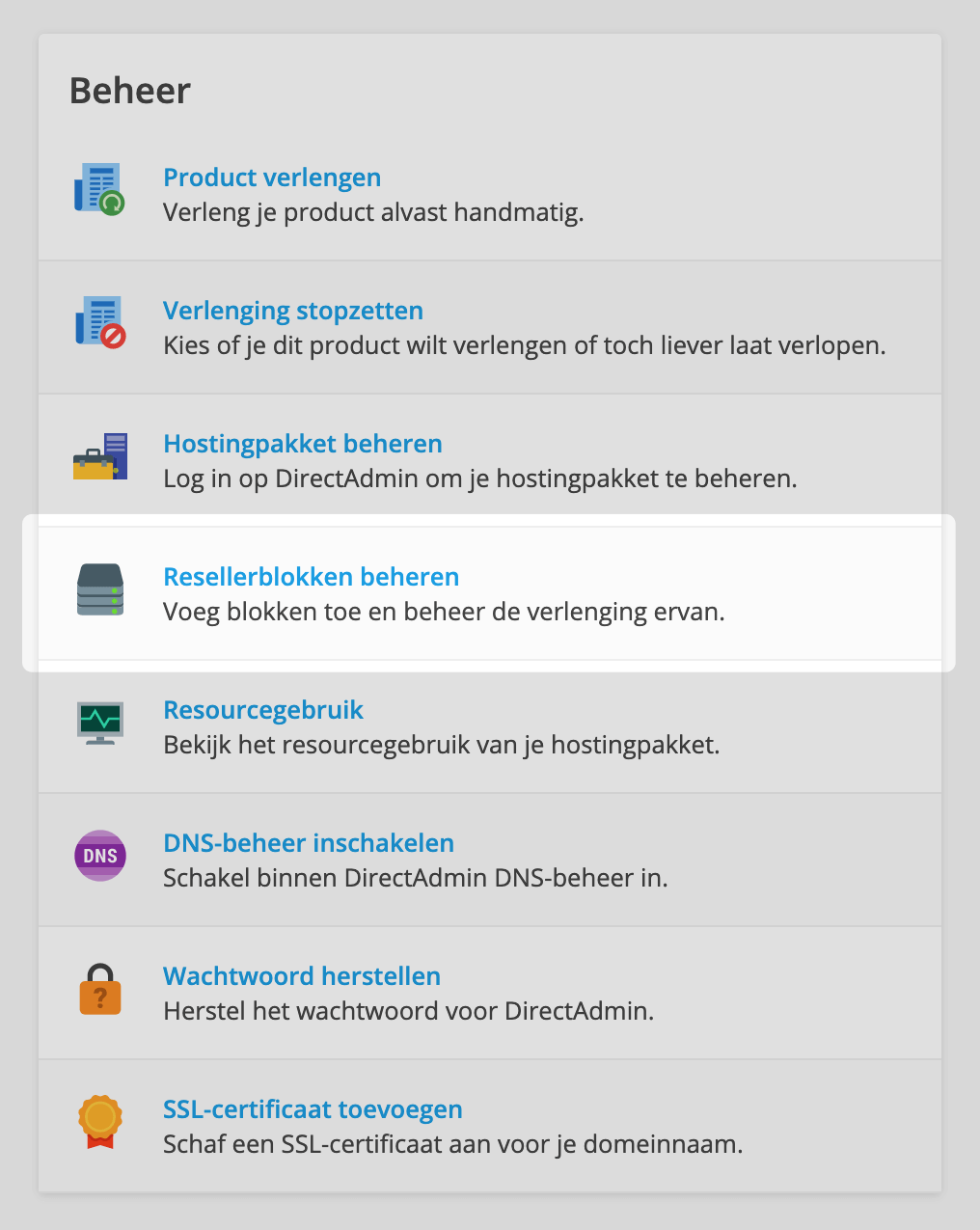 Klik in het vak 'Beheer' op 'Resellerblokken beheren'.