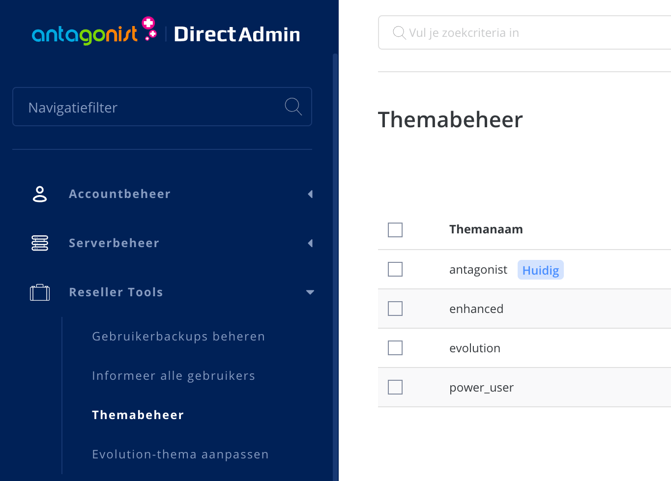 Navigeer in het menu naar 'Reseller Tools' → 'Themabeheer'.