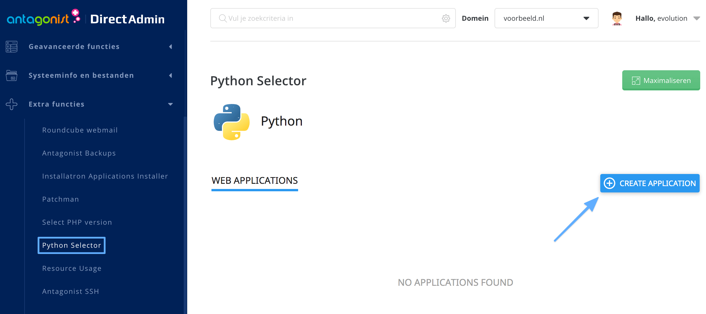 De Python-selector in DirectAdmin.