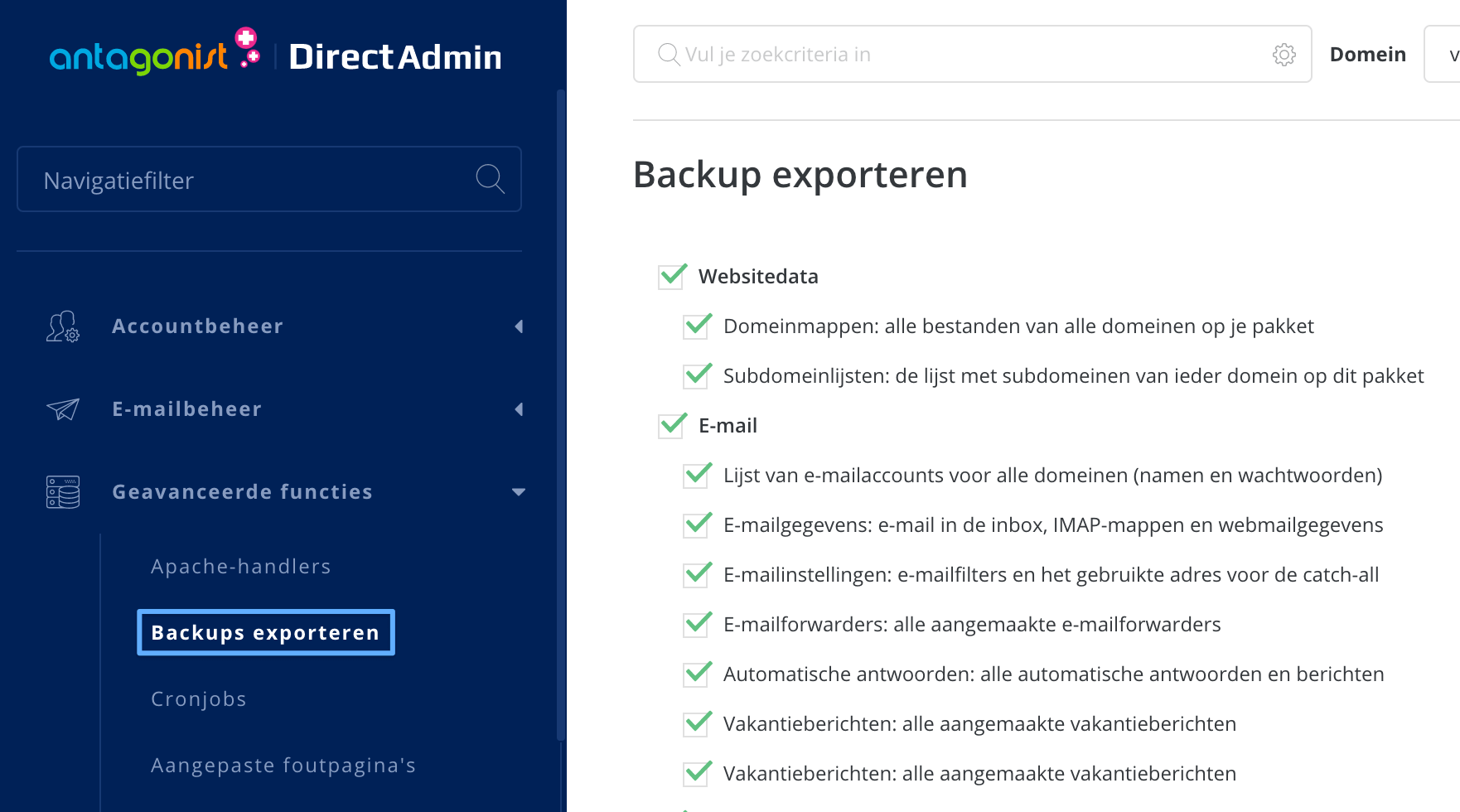 Backups exporteren in DirectAdmin.