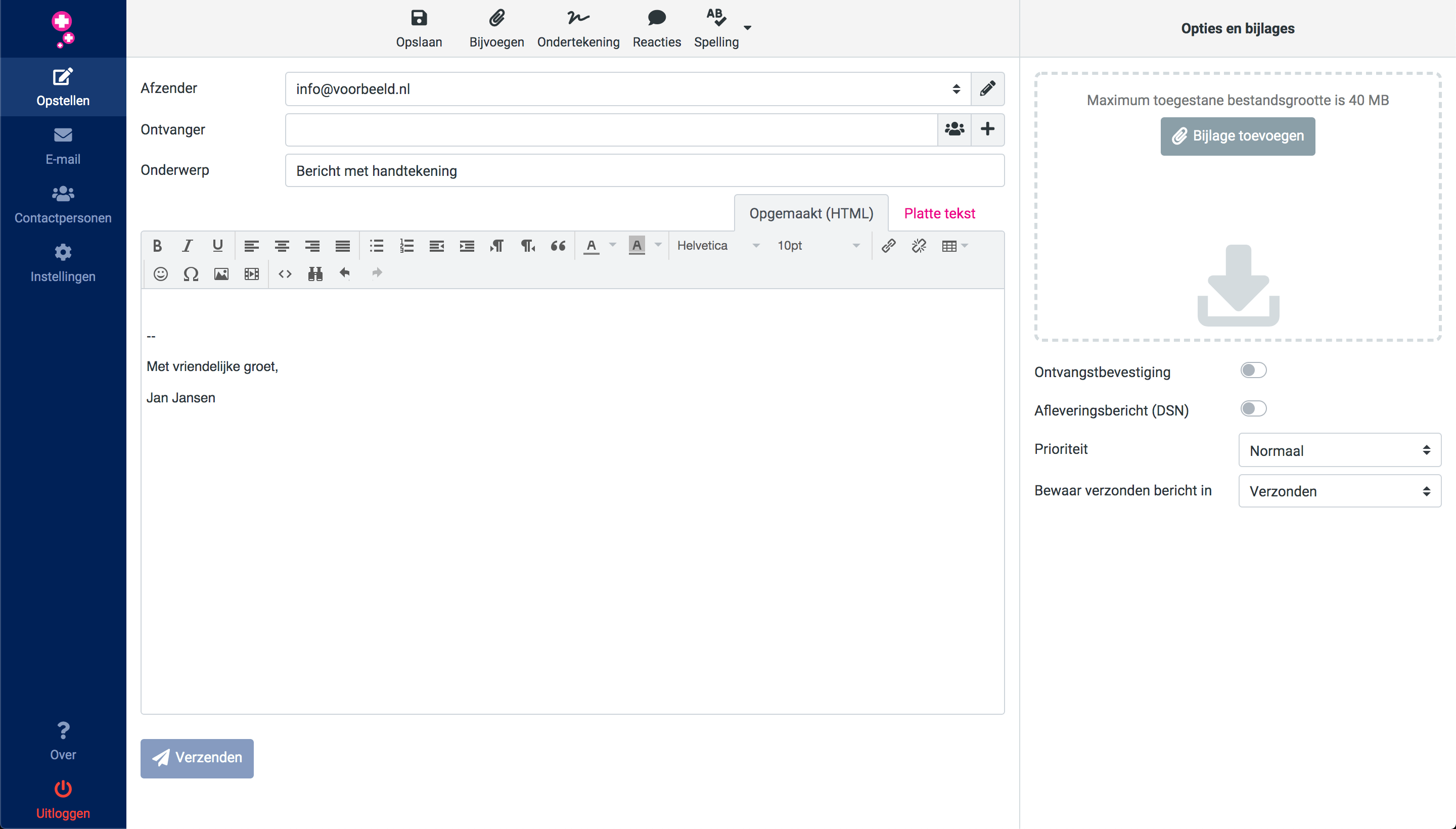 Een bericht in de webmail met handtekening.