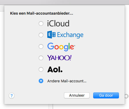 Kies voor 'Andere mail account...' in Apple Mail.