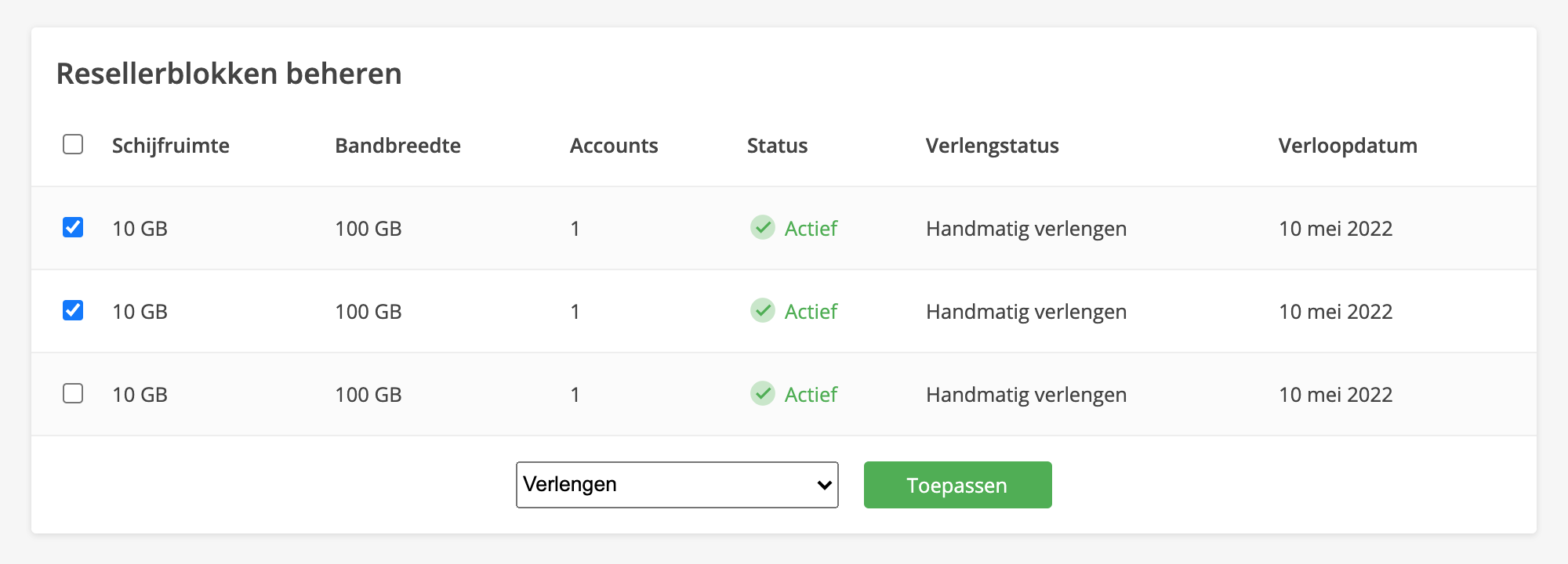 Vink in het kader 'Resellerblokken beheren' de blokken aan waarvoor je een actie wilt uitvoeren en klik op 'Toepassen'