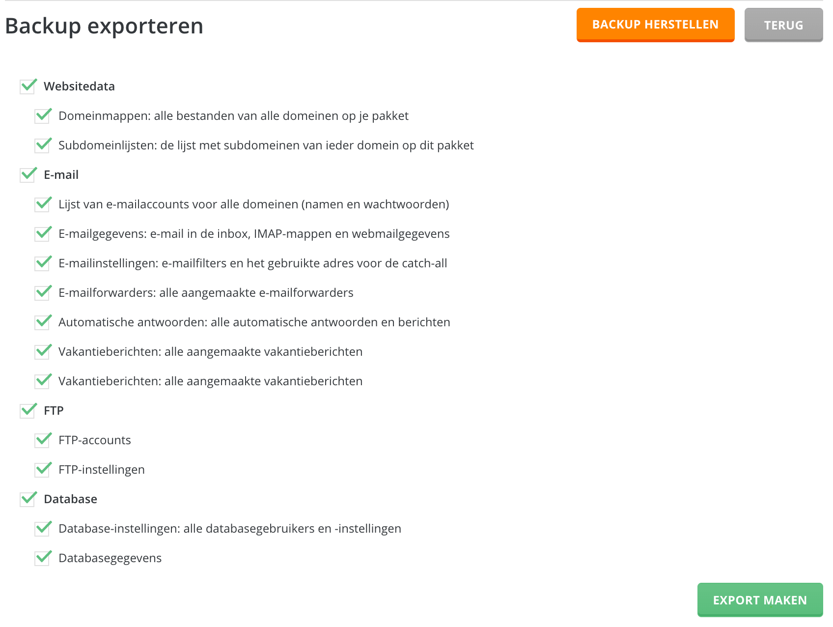 Kies wat je in de export wilt meenemen.