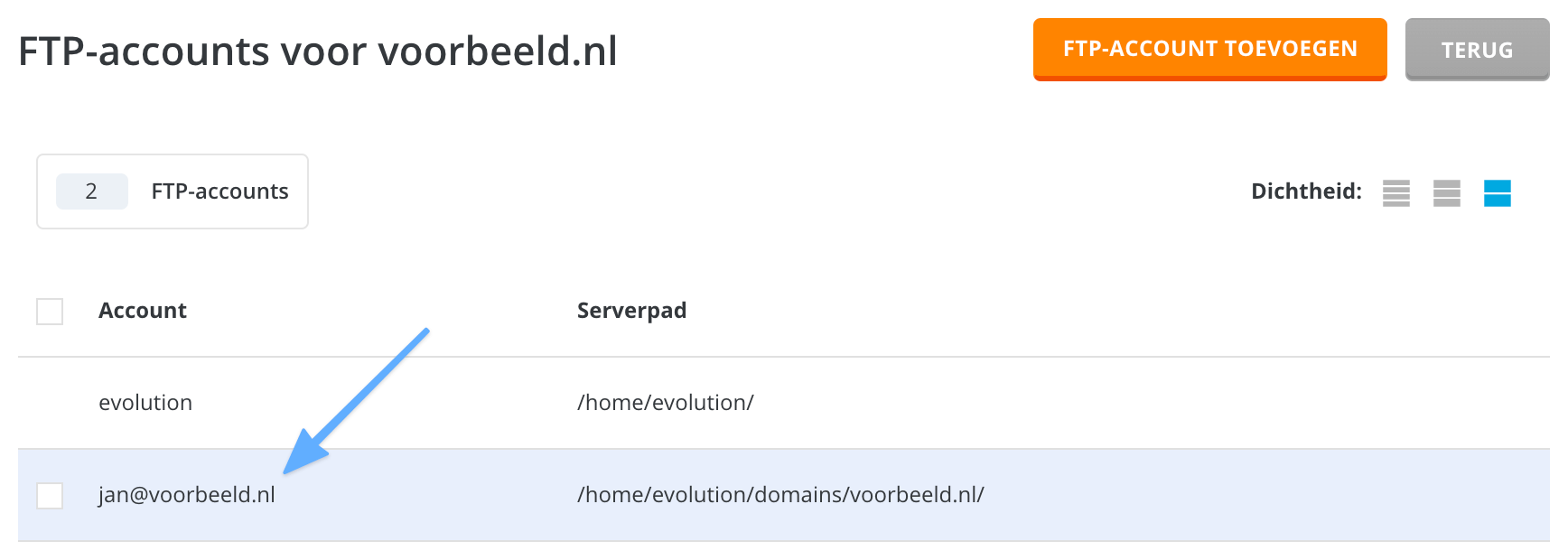 Klik op het FTP-account dat je wilt aanpssen.
