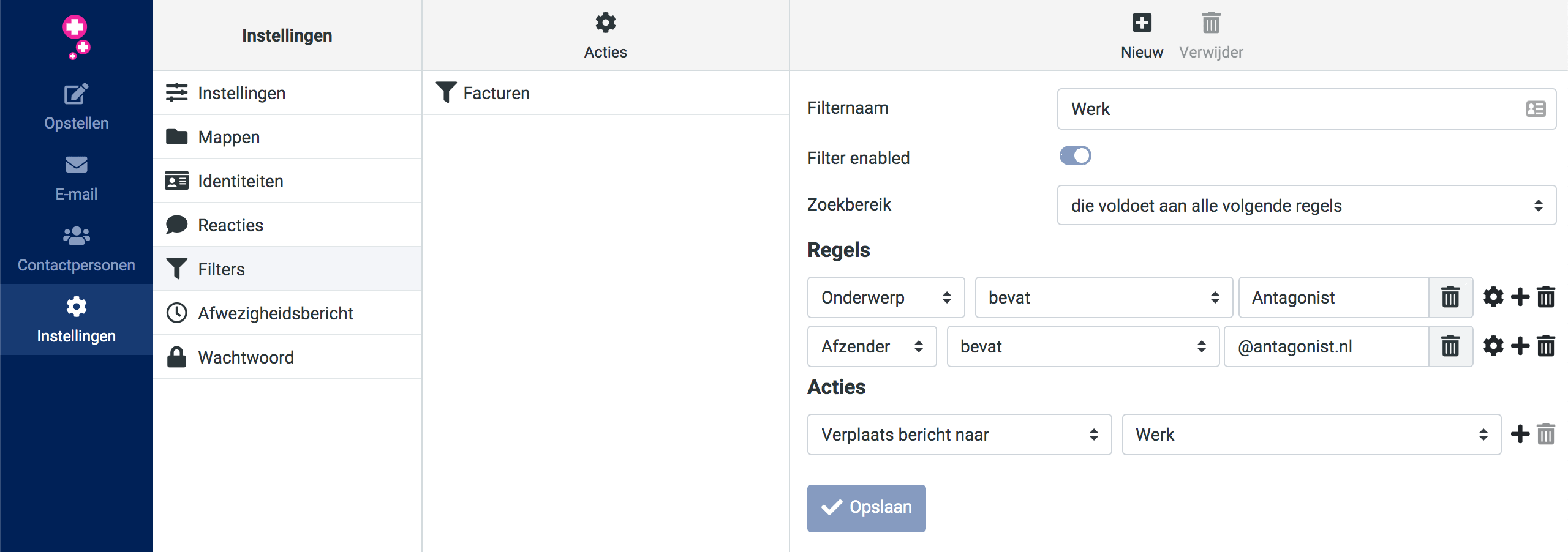 Bepaal de instellingen van je mailfilter.