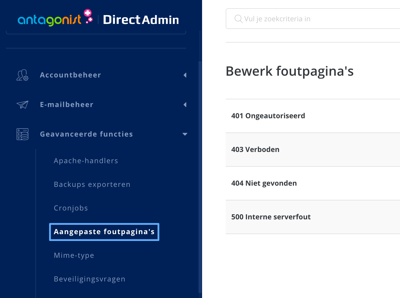 Het beheren van de aangepaste foutpagina's in DirectAdmin.