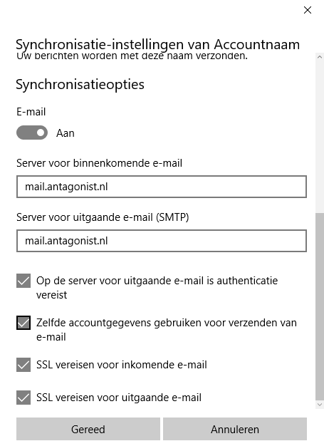 De geavanceerde opties in Windows 10 Mail.