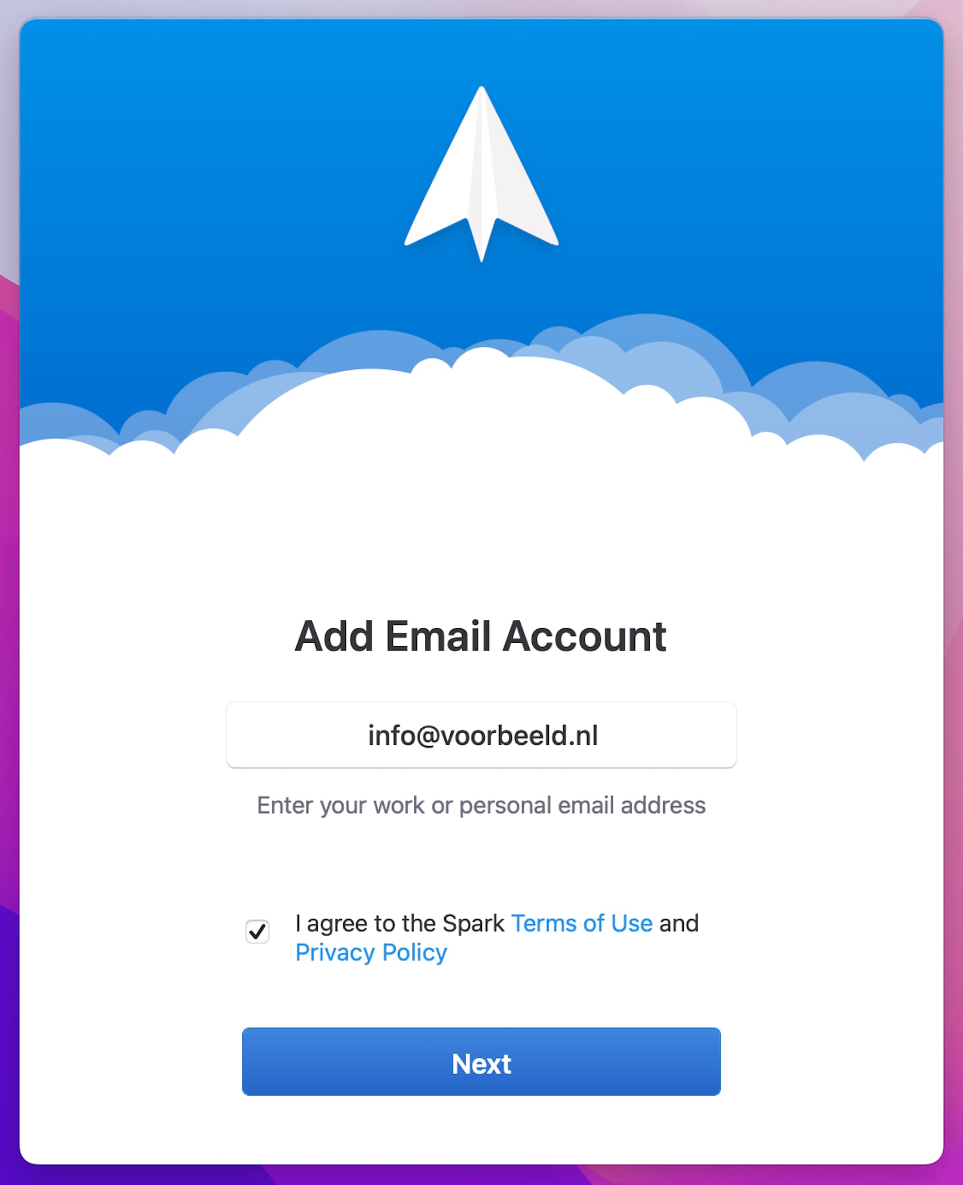 Venster met veld voor e-mailadres.