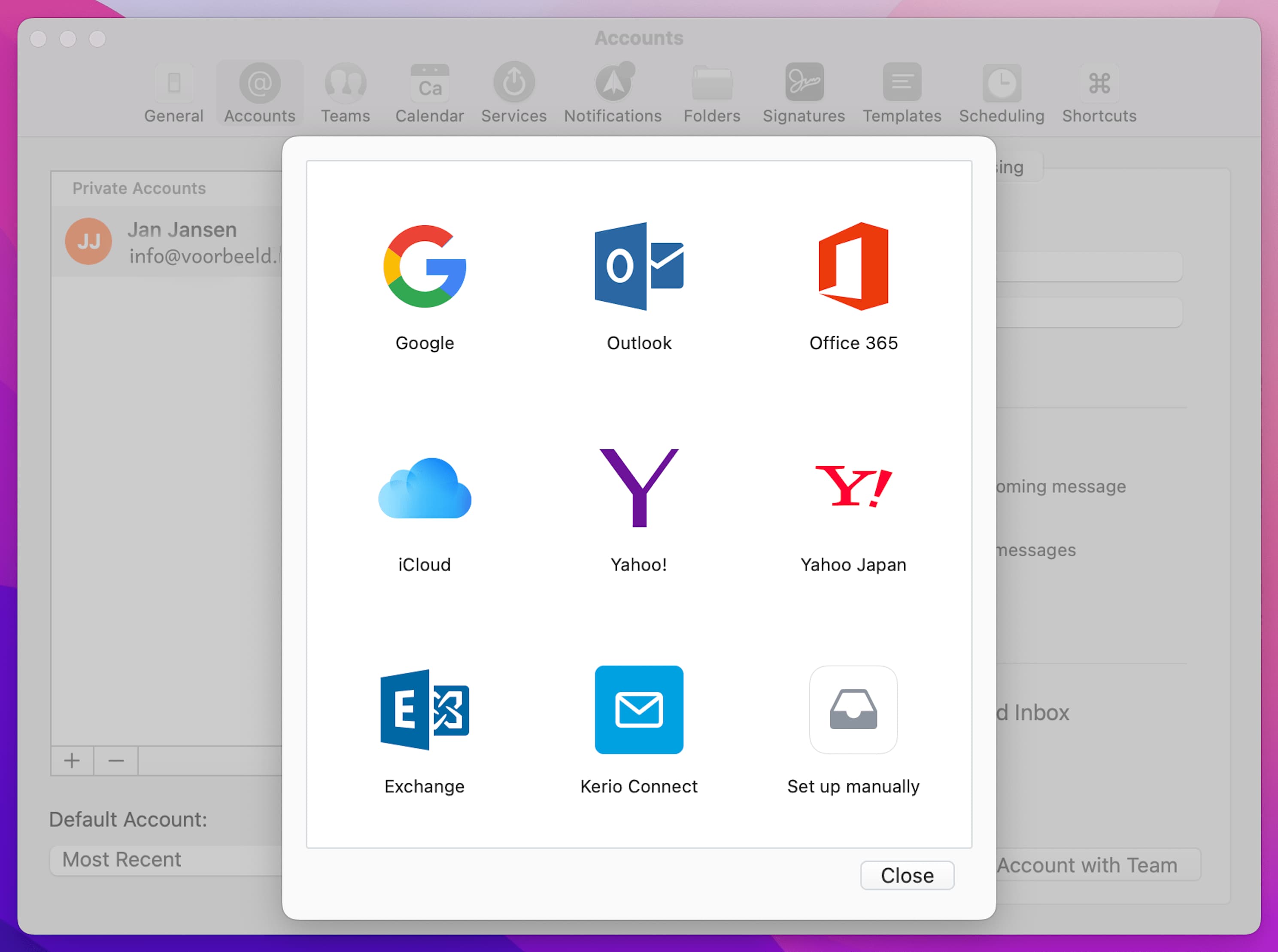 Venster met verschillende opties voor e-mailproviders.